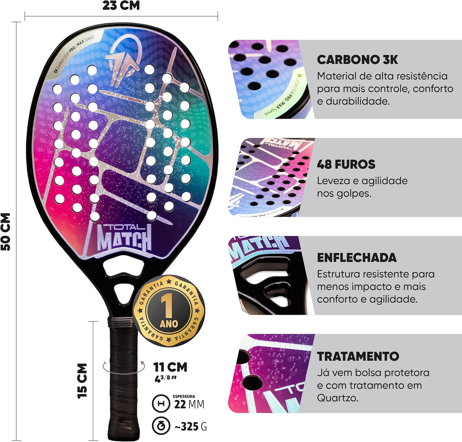 81DRdrgiCLL._AC_SL1500_ Raquete Beach Tennis Carbono 3K Total Match 2025 – Equilíbrio e Performance em Alto Nível